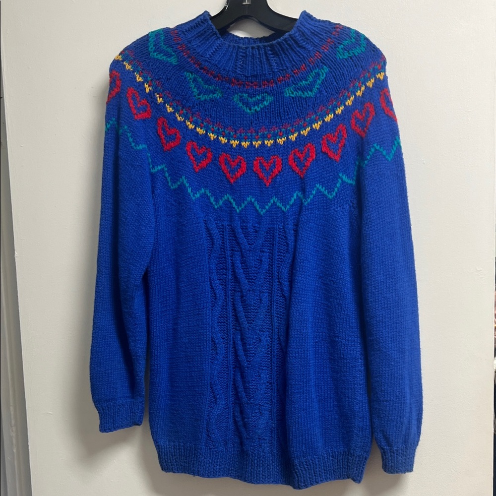 Karen Scott Hand Knit Cotton Blend Blue Red Heart Fair Isle Sweater Medium VTG